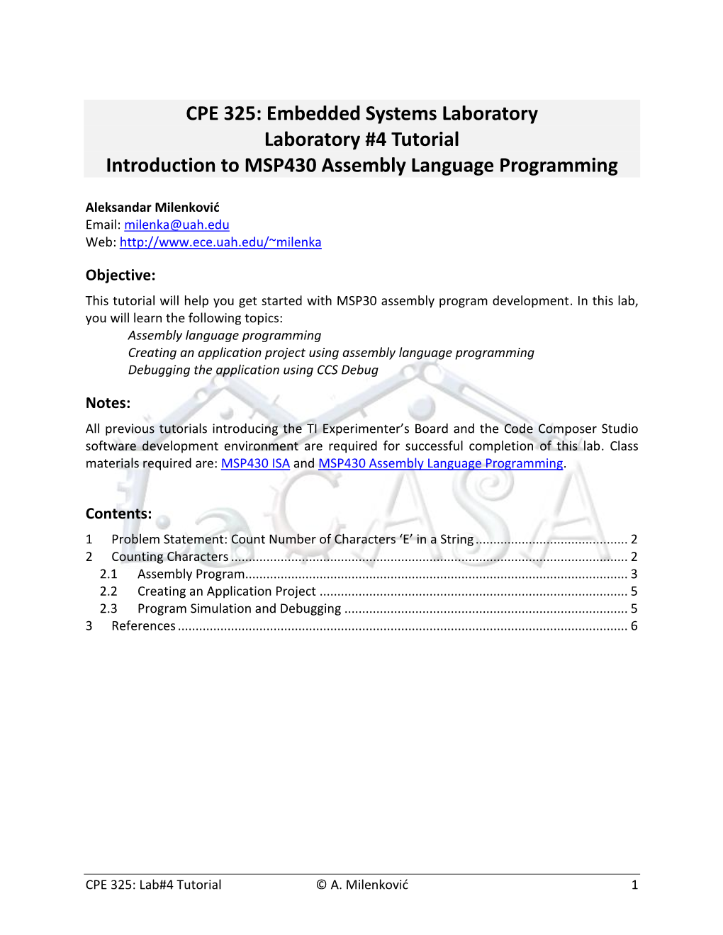 CPE 325: Embedded Systems Laboratory Laboratory #4 Tutorial Introduction to MSP430 Assembly Language Programming