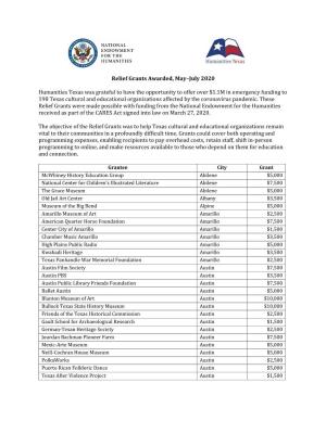 Humanities Texas Relief Grants Summary