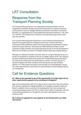 LRT Consultation Response from the Transport Planning Society Call For