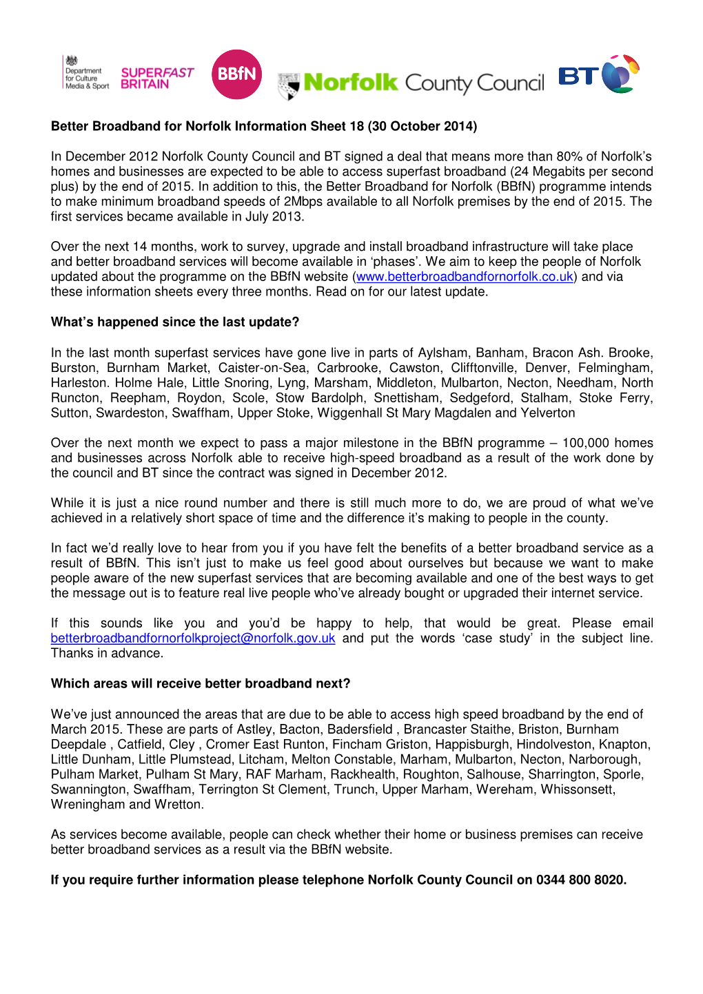 Better Broadband for Norfolk Information Sheet 18 (30 October 2014)