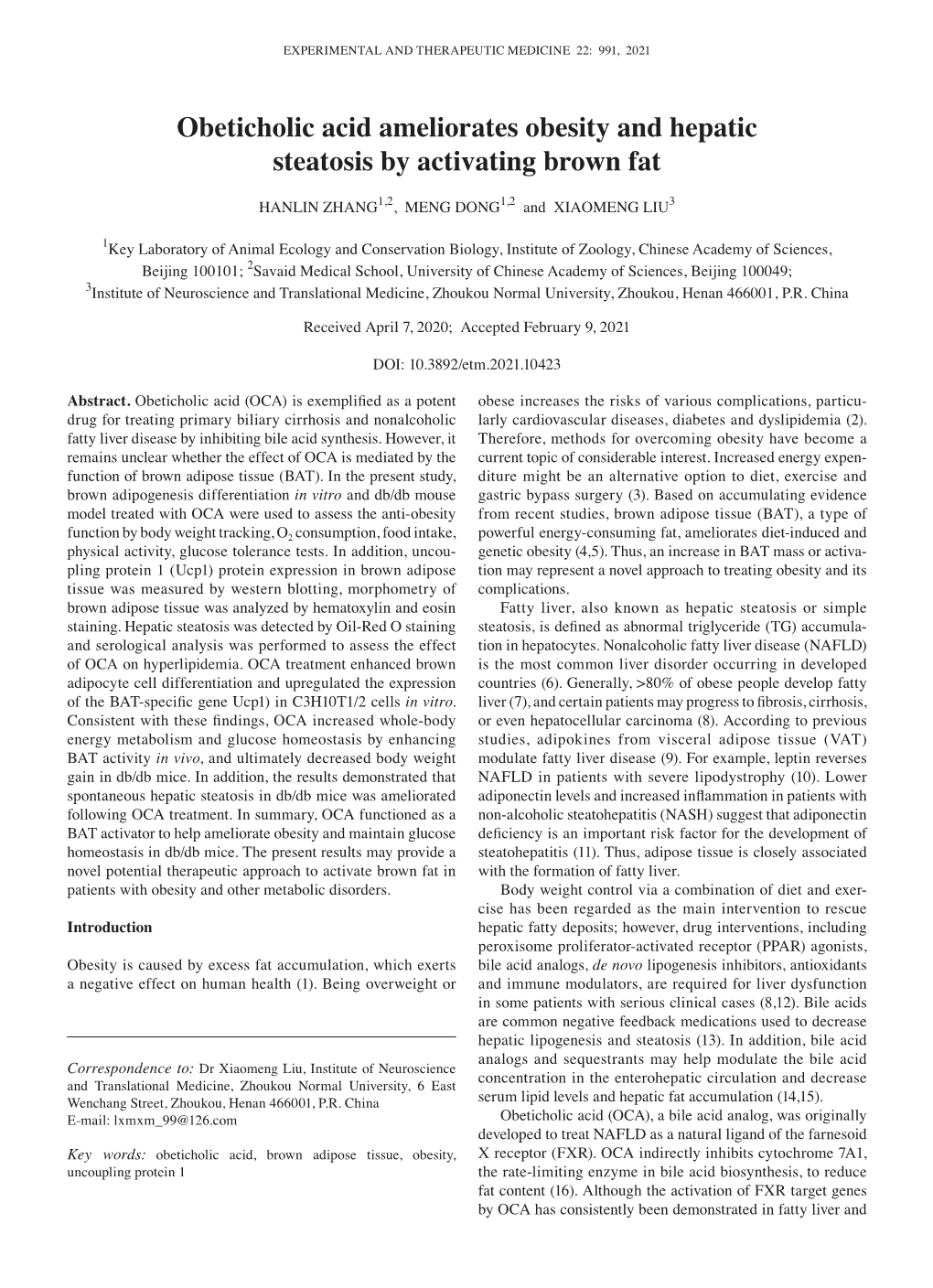 Obeticholic Acid Ameliorates Obesity and Hepatic Steatosis by Activating Brown Fat