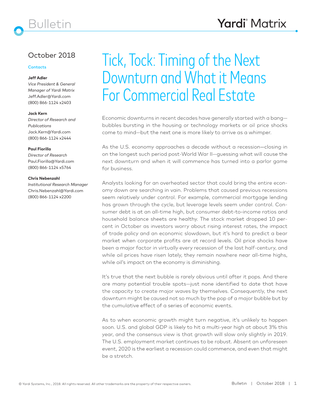Tick, Tock: Timing of the Next Downturn and What It Means for Commercial Real Estate