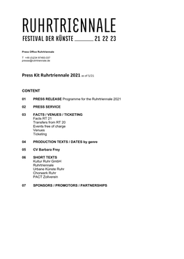 Press Kit Ruhrtriennale 2021 As of 5/21