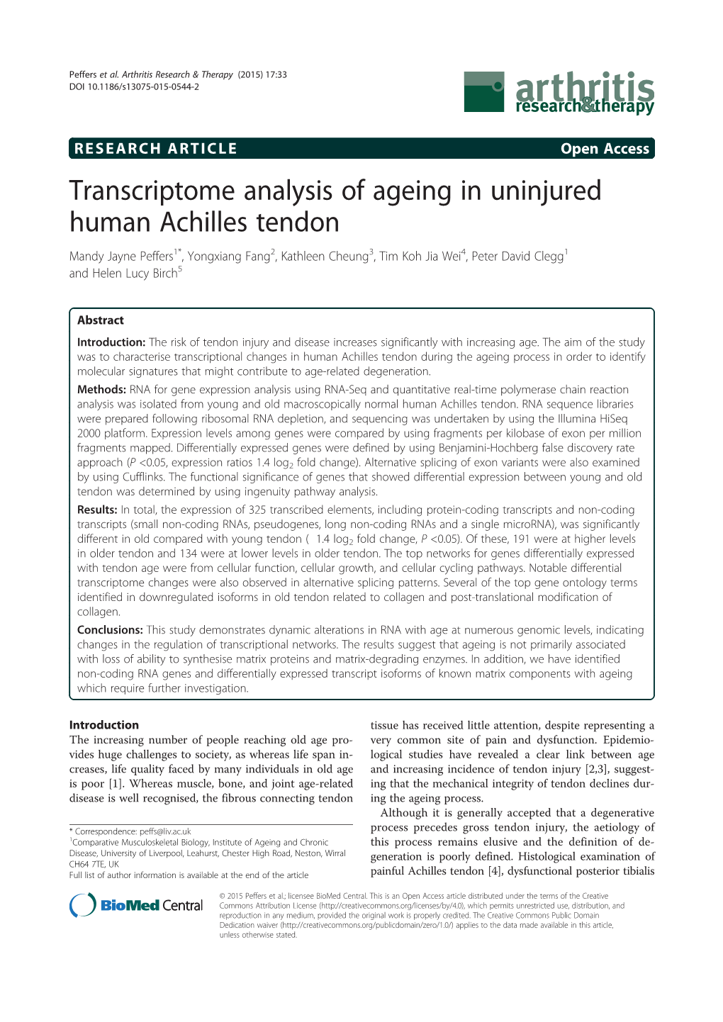 Transcriptome Analysis of Ageing in Uninjured Human Achilles Tendon