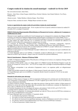 Compte-Rendu De La Réunion Du Conseil Municipal – Vendredi 1Er Février 2019