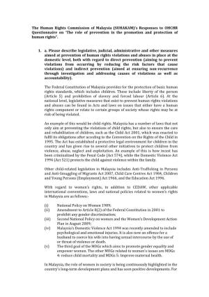 The Human Rights Commission of Malaysia (SUHAKAM)’S Responses to OHCHR Questionnaire on ‘The Role of Prevention in the Promotion and Protection of Human Rights”
