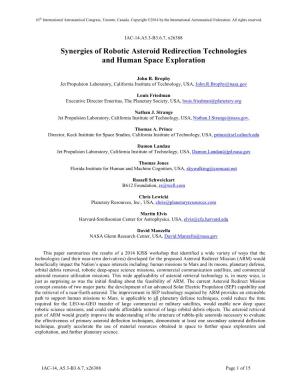 Synergies of Robotic Asteroid Redirection Technologies and Human Space Exploration