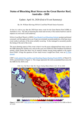 Status of Bleaching Heat Stress on the Great Barrier Reef, Australia – 2020