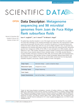 Metagenome Sequencing and 98 Microbial Genomes from Juan De Fuca Ridge ﬂank Subsurface ﬂuids 30 2016 Received: November 1 Y 1 2 3 4 Sean P