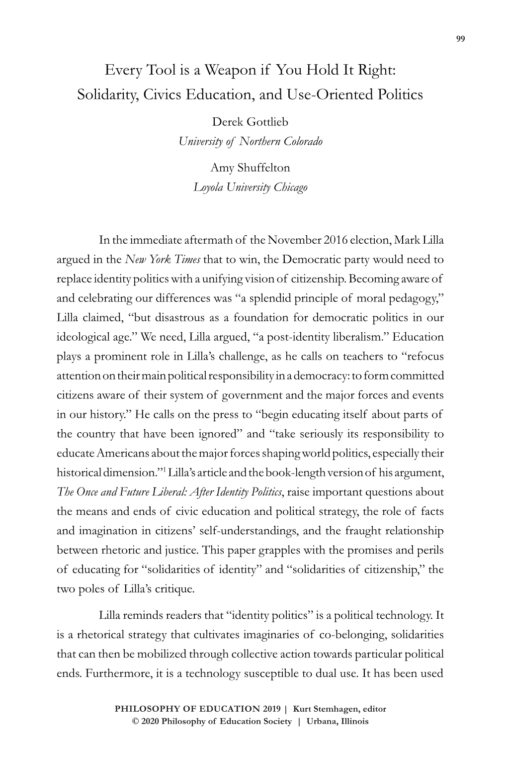 Solidarity, Civics Education, and Use-Oriented Politics Derek Gottlieb University of Northern Colorado