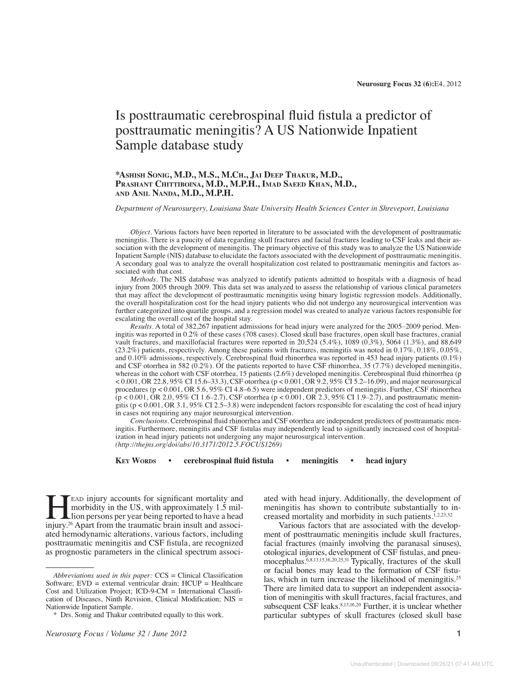 A US Nationwide Inpatient Sample Database Study