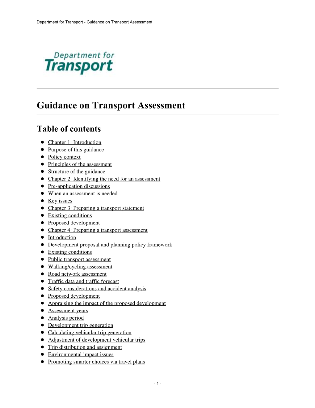 Department for Transport - Guidance on Transport Assessment