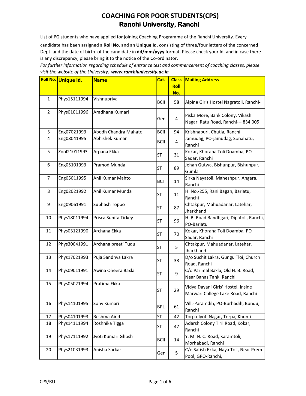 COACHING for POOR STUDENTS(CPS) Ranchi University, Ranchi