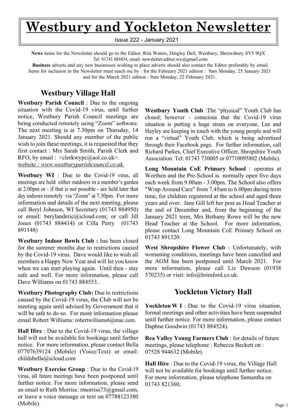 Westbury and Yockleton Newsletter Issue 222 - January 2021
