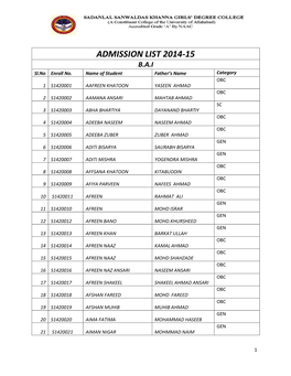 ADMISSION LIST 2014-15 B.A.I Sl.No Enroll No