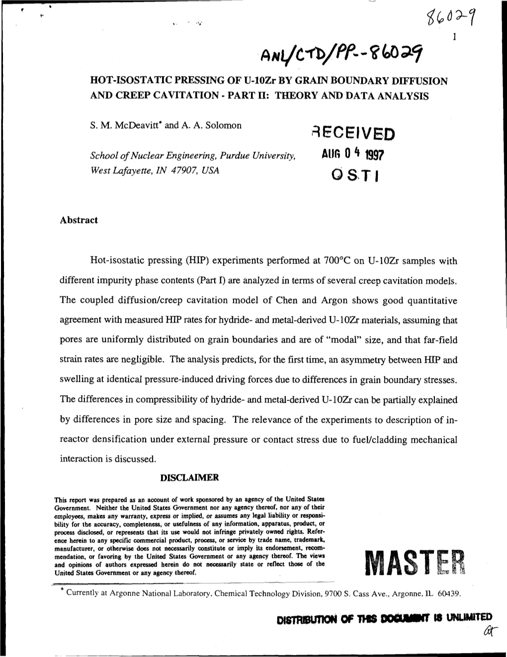 HOT-ISOSTATIC PRESSING of U-Lozr by GRAIN BOUNDARY DIFFUSION and CREEP CAVITATION - PART II: THEORY and DATA ANALYSIS