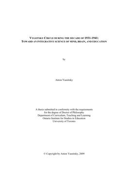 By Anton Yasnitsky a Thesis Submitted in Conformity with the Requirements