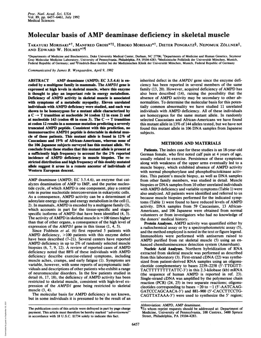 Molecular Basis of AMP Deaminase Deficiency in Skeletal Muscle