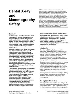 Dental X-Ray and Mammography Safety Washington State Department of Health Updated: 05/20/2013 and National Standards