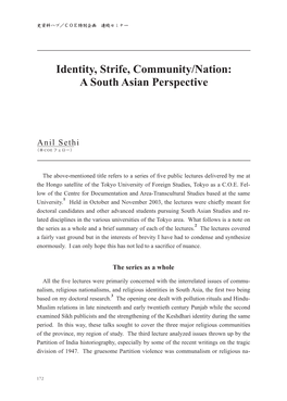 Identity, Strife, Community/Nation: a South Asian Perspective