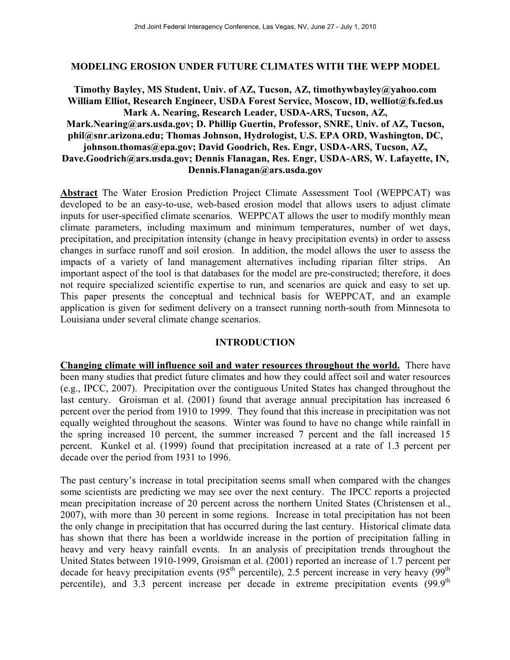 Modeling Erosion Under Future Climates with the Wepp Model