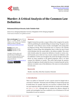 Murder: a Critical Analysis of the Common Law Definition
