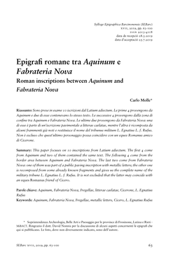Epigrafi Romane Tra Aquinum E Fabrateria Nova
