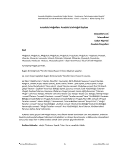 Anadolu'da Moğol Boyları - Uluslararası Tarih Araştırmaları Dergisi/ International Journal of Historical Researches, Yıl/Vol