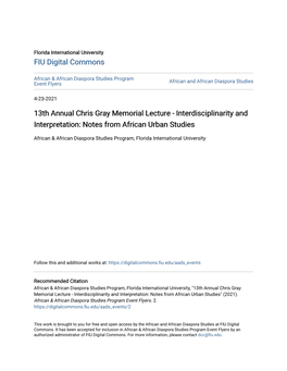 13Th Annual Chris Gray Memorial Lecture - Interdisciplinarity and Interpretation: Notes from African Urban Studies