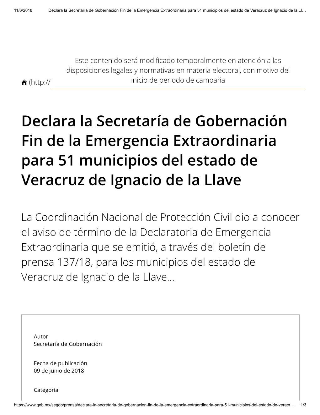 Declara La Secretaría De Gobernación Fin De La Emergencia Extraordinaria Para 51 Municipios Del Estado De Veracruz De Ignacio De La Ll…