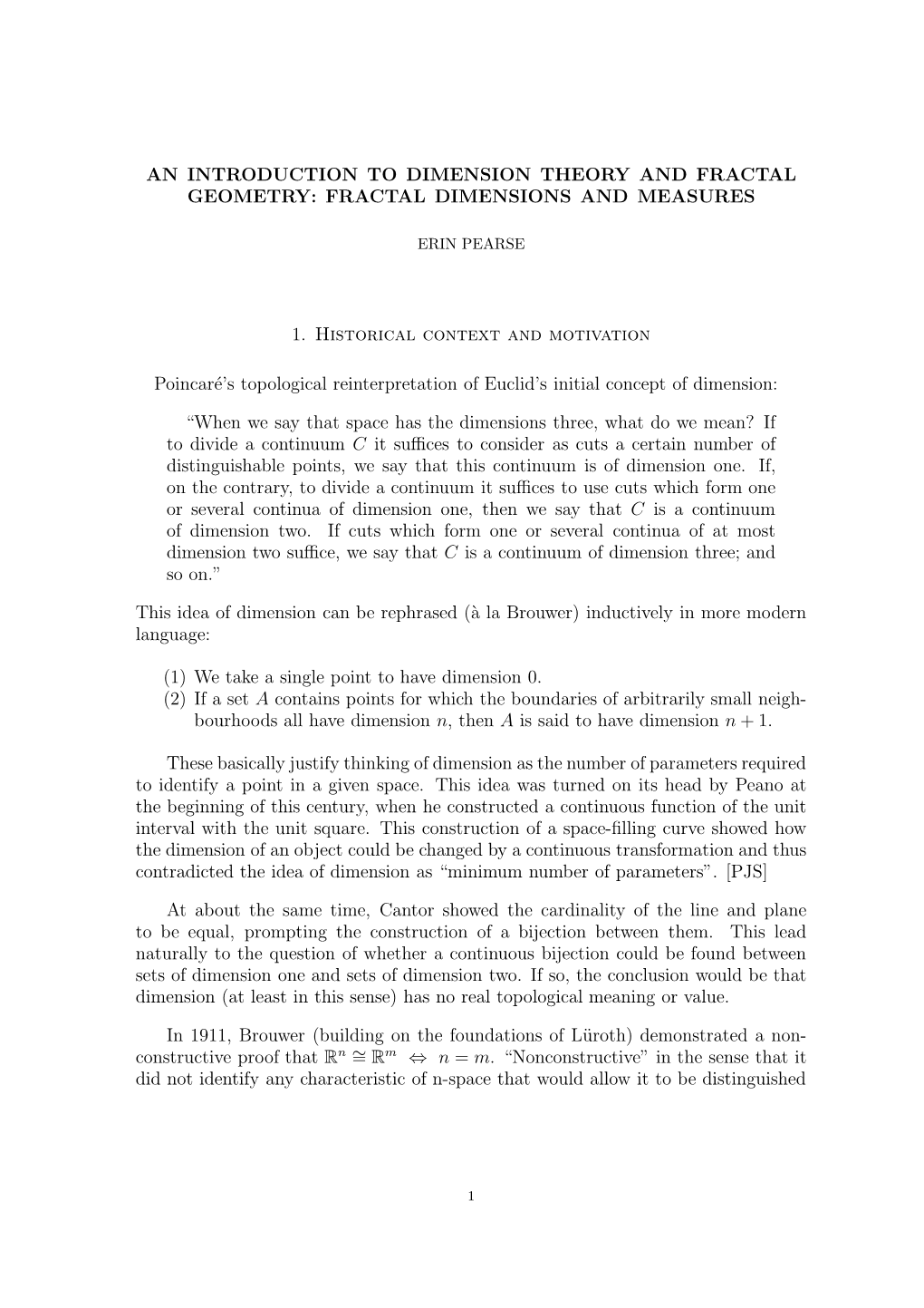 FRACTAL DIMENSIONS and MEASURES 1. Historical Context