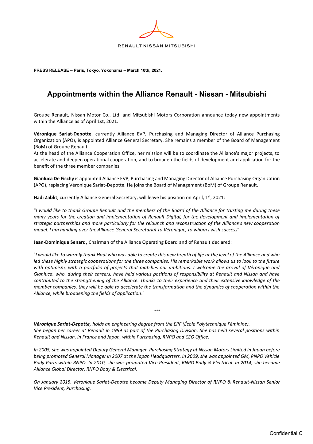 Appointments Within the Alliance Renault - Nissan - Mitsubishi