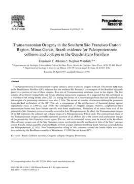 Transamazonian Orogeny in the Southern Sa˜O Francisco Craton Region, Minas Gerais, Brazil: Evidence for Paleoproterozoic Collis