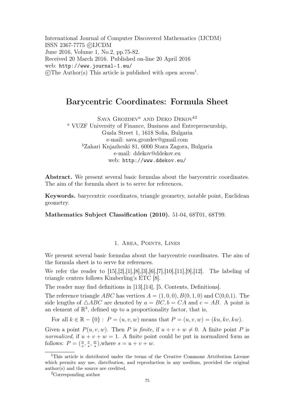 Barycentric Coordinates: Formula Sheet