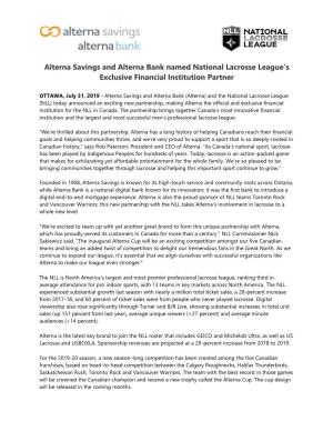 Alterna Savings Named National Lacrosse League's Exclusive Financial Institution Partner