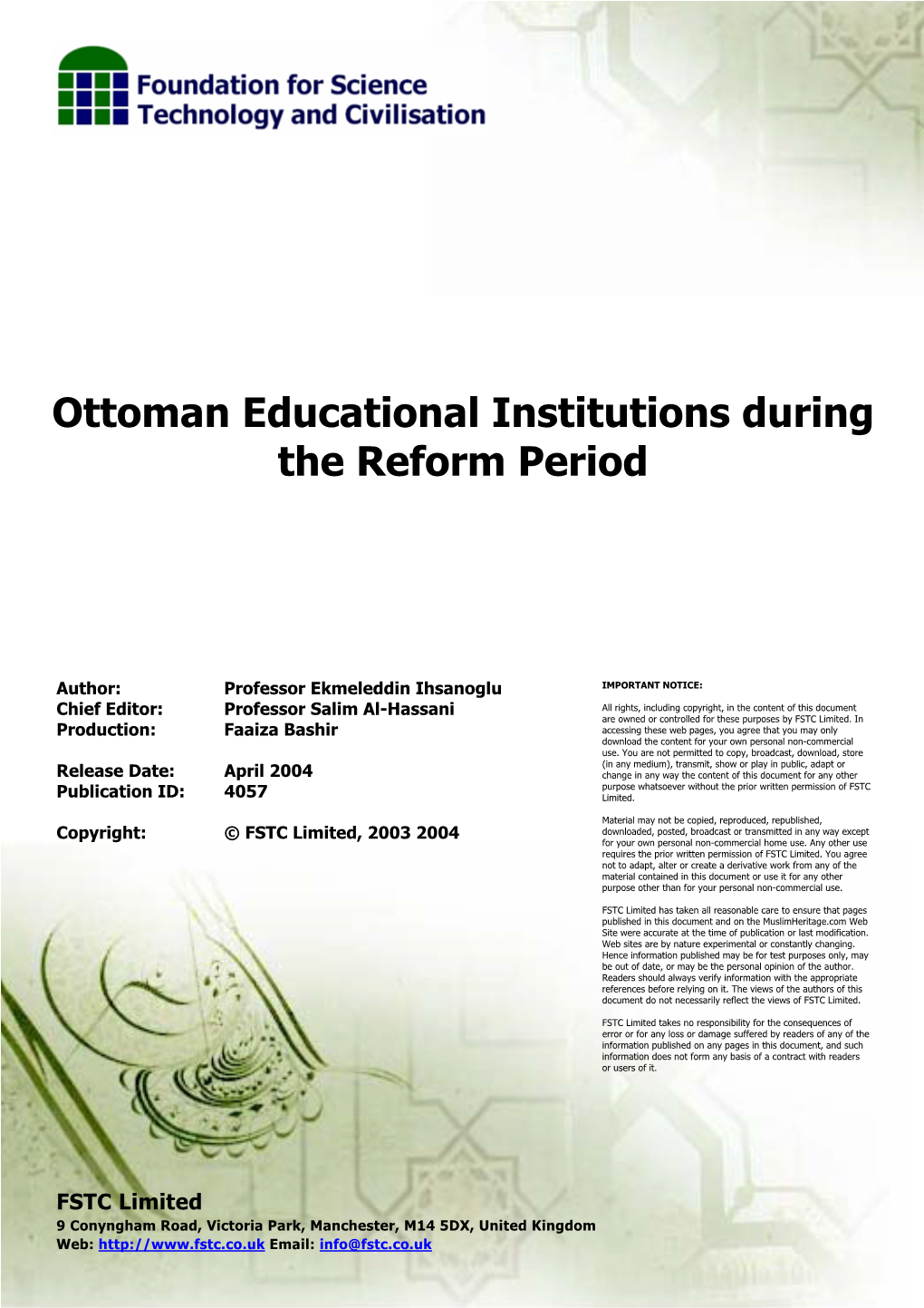 Ottoman Educational Institutions During the Reform Period