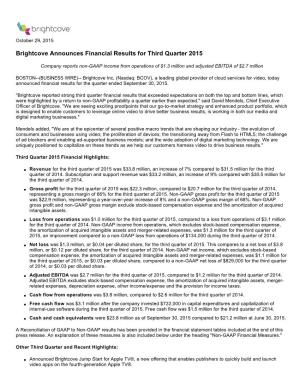 Brightcove Announces Financial Results for Third Quarter 2015