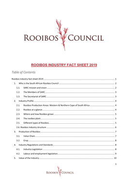 ROOIBOS INDUSTRY FACT SHEET 2019 Table of Contents