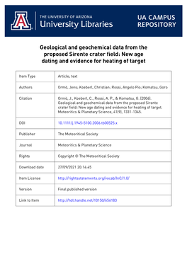 Geological and Geochemical Data from the Proposed Sirente Crater Field: New Age Dating and Evidence for Heating of Target