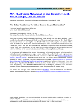 ANN: Khalil Gibran Muhammad on Civil Rights Movement, Nov 20, 5:30 Pm, Univ of Louisville