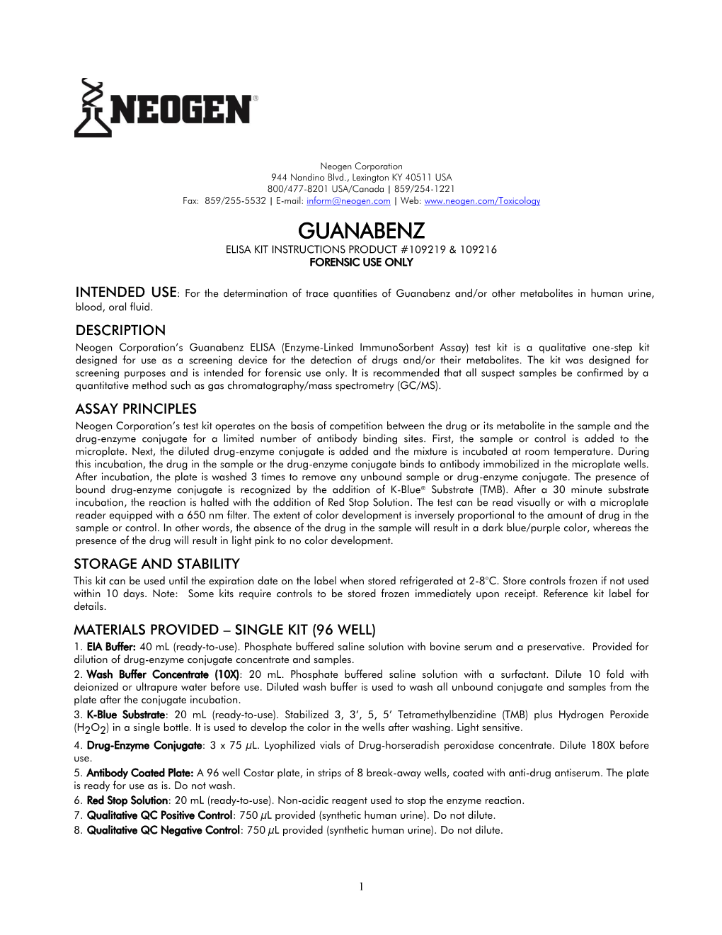 Guanabenz Elisa Kit Instructions Product #109219 & 109216 Forensic Use Only