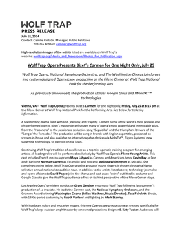 PRESS RELEASE July 18, 2014 Contact: Camille Cintrón, Manager, Public Relations 703.255.4096 Or Camillec@Wolftrap.Org