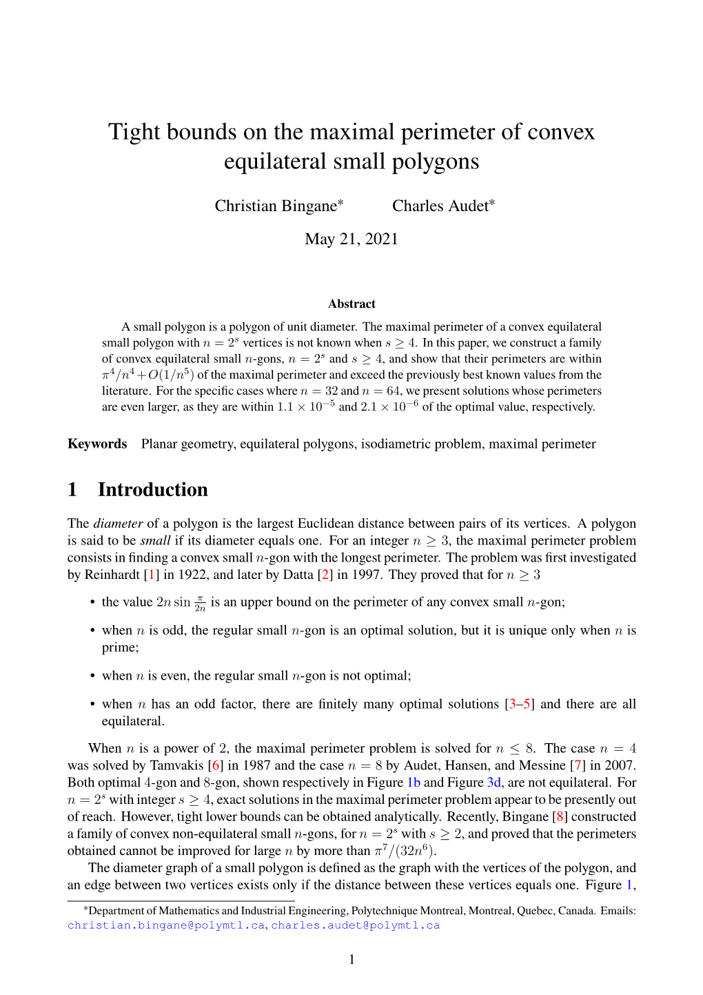 Tight Bounds on the Maximal Perimeter of Convex Equilateral Small Polygons