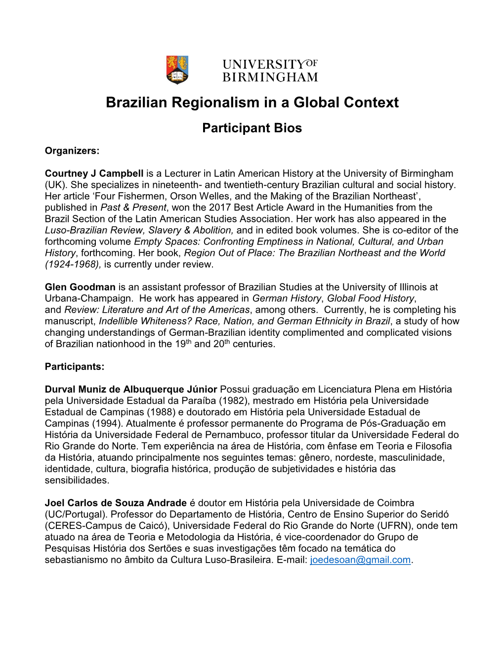 Brazilian Regionalism in a Global Context Participant Bios