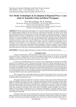 New Media Technologies & Its Adoption in Regional Press: a Case Study of Kannada Urban and Rural Newspaper