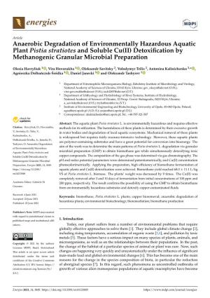 Anaerobic Degradation of Environmentally Hazardous Aquatic Plant Pistia Stratiotes and Soluble Cu(II) Detoxiﬁcation by Methanogenic Granular Microbial Preparation