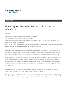 The Billy Joel Channel to Return to Siriusxm on January 15