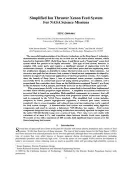 Simplified Ion Thruster Xenon Feed System for NASA Science Missions