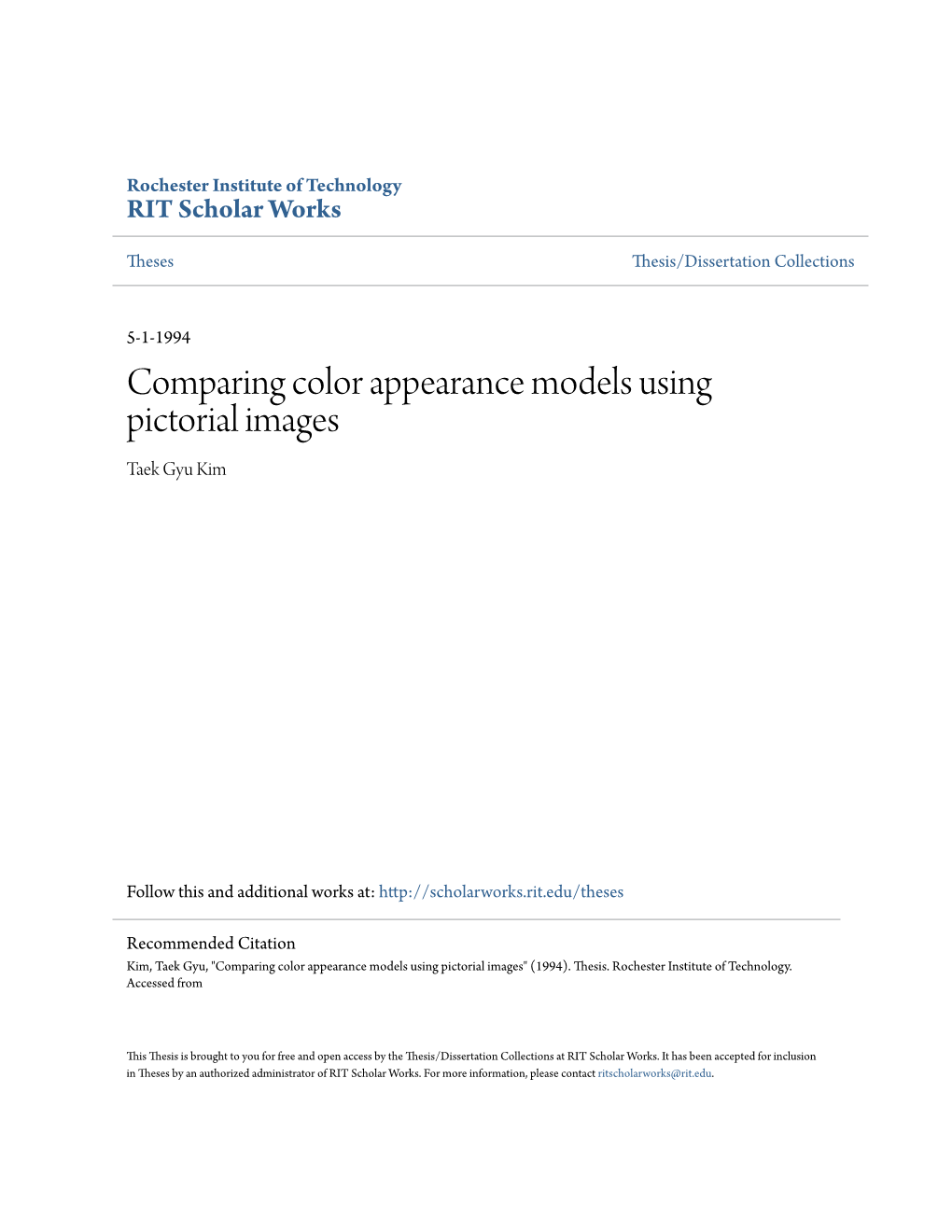 Comparing Color Appearance Models Using Pictorial Images Taek Gyu Kim