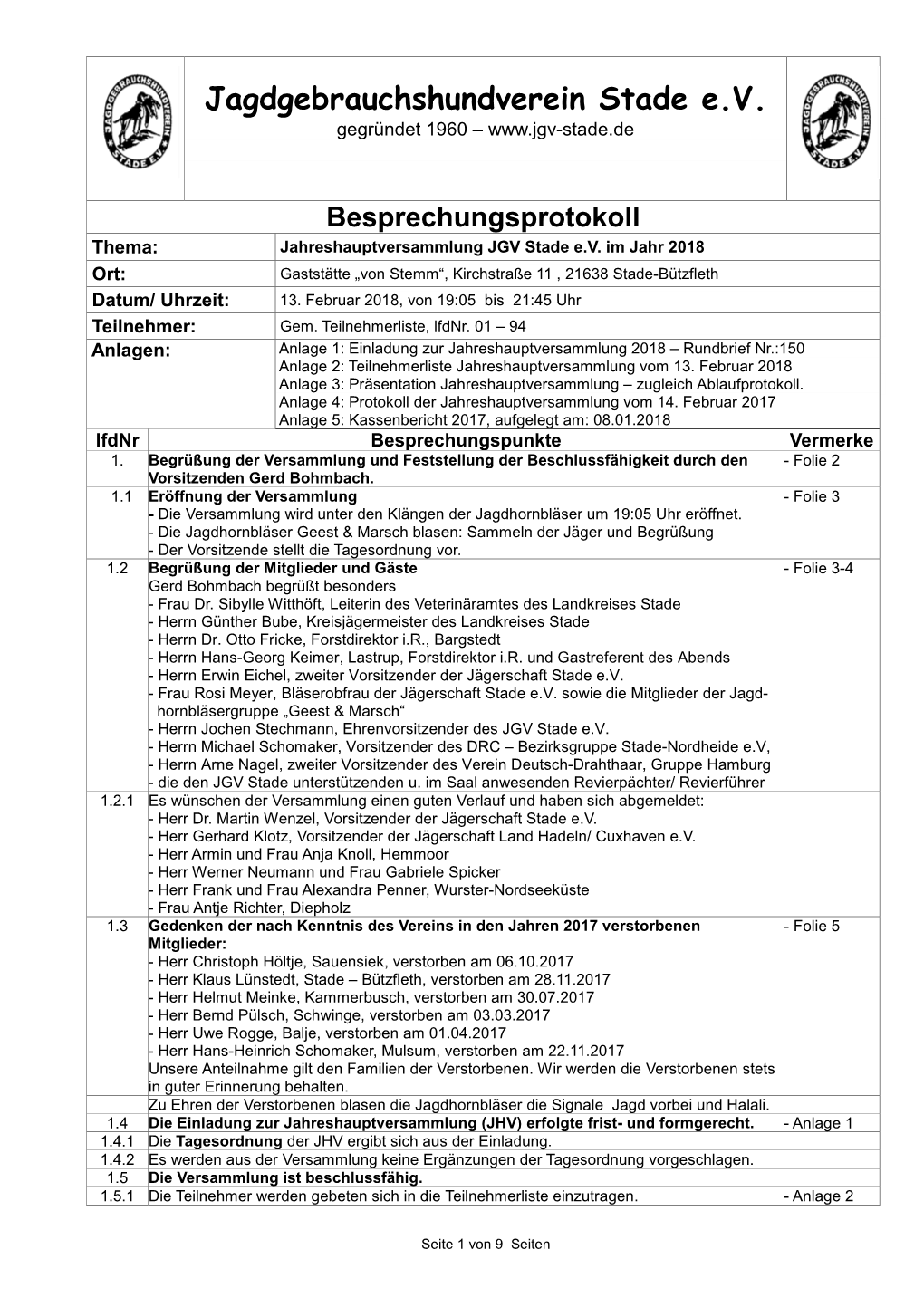 Protokoll Thema: Jahreshauptversammlung JGV Stade E.V